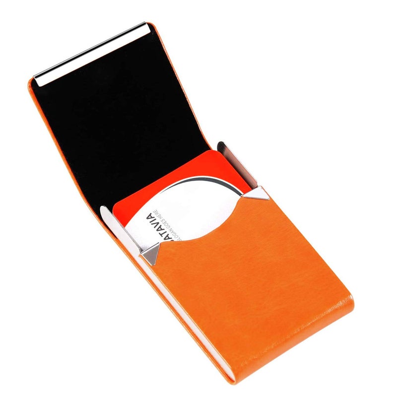 JuneLsy Business Card Holder Case - Professional PU Leather Business Card Case Metal Name Card Holder Pocket Business Card Carrier for Men & Women with Magnetic Shut (S-orange) - Image 3